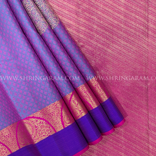 Lavender Kanjivaram Silk Saree With Hot Pink & Blue Border