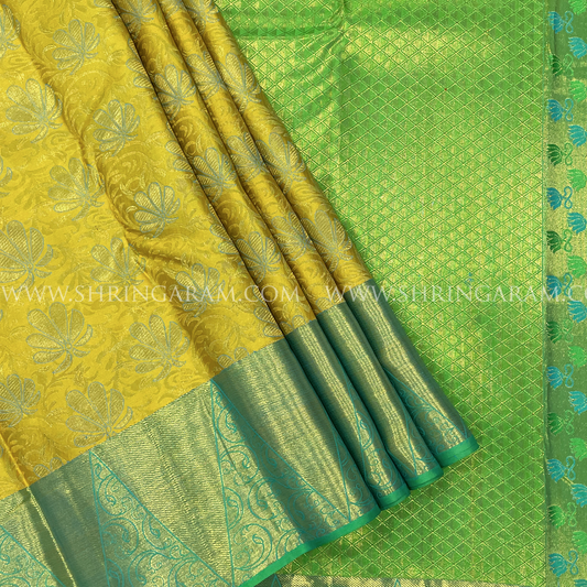Yellow Kanjivaram Silk Saree With Floral Zari Work