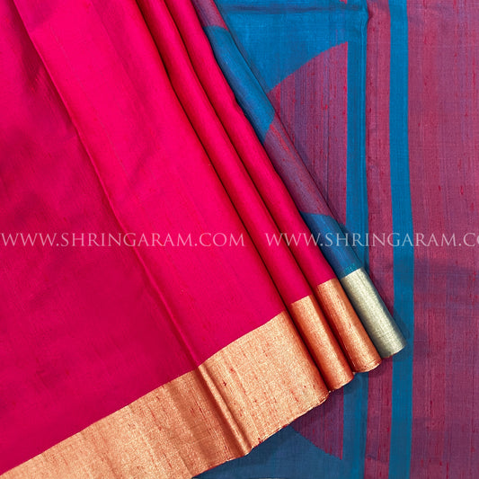 Blue With Red Geometric Patterns Kanjivaram Silk Saree