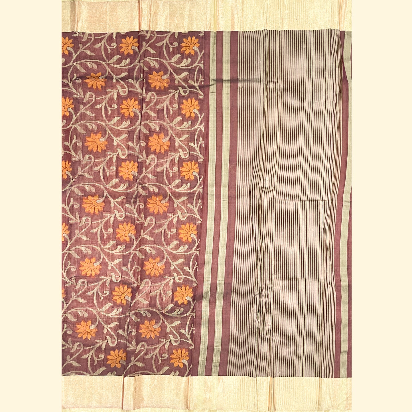 Rust Brown Body With Mustard-Orange Floral Motifs Kanjivaram Silk Saree