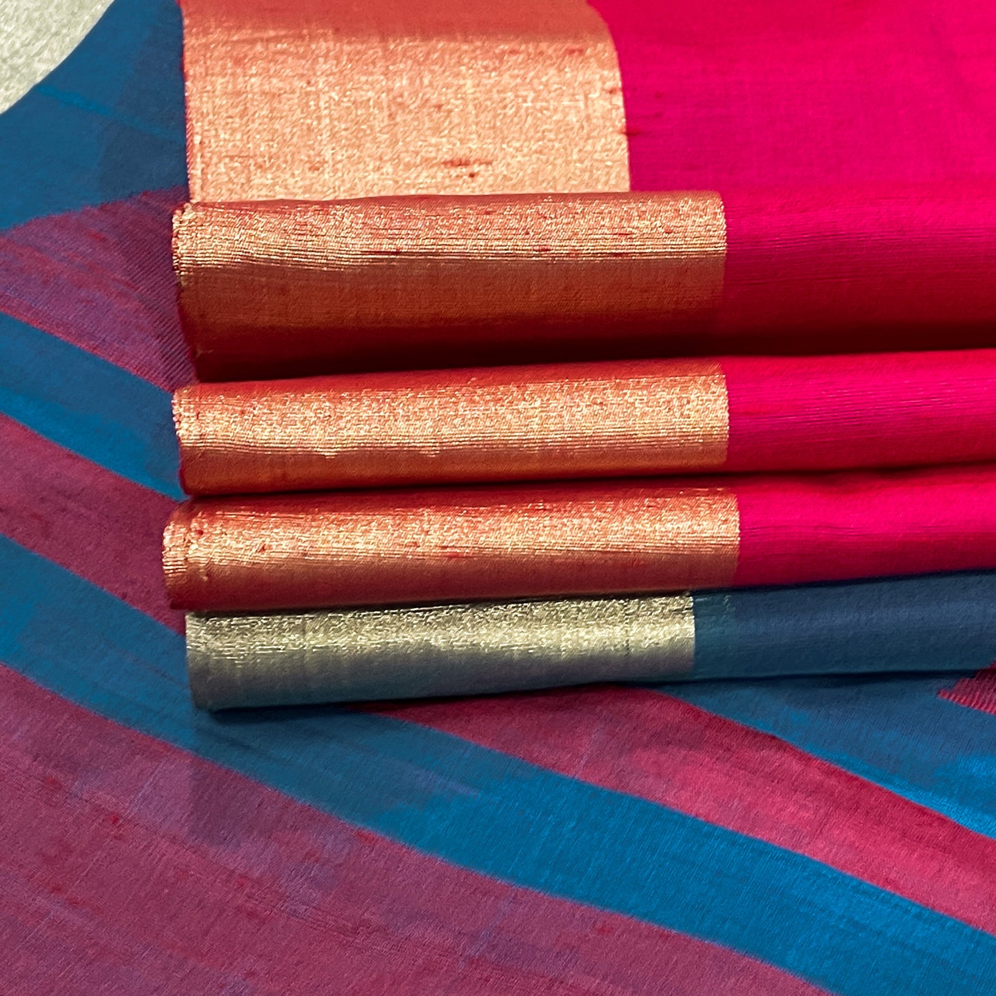 Blue With Red Geometric Patterns Kanjivaram Silk Saree