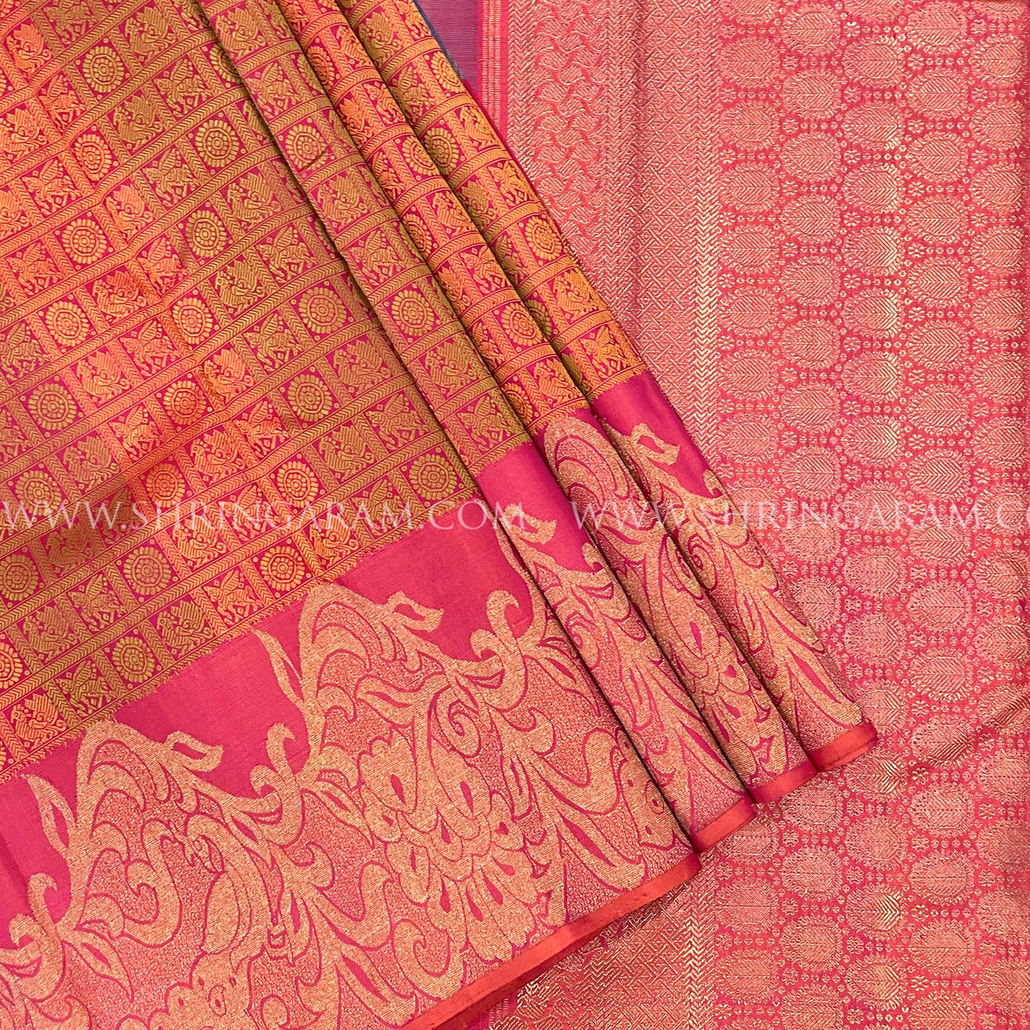 Dual-Tone Blue Kanjivaram Silk Saree With Pinkish-Orange Border
