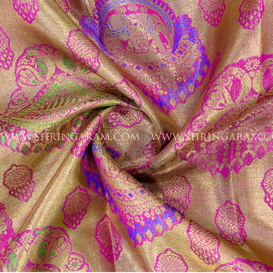 Golden Zari Kanjivaram Silk Saree with Magenta & Royal Blue Motifs