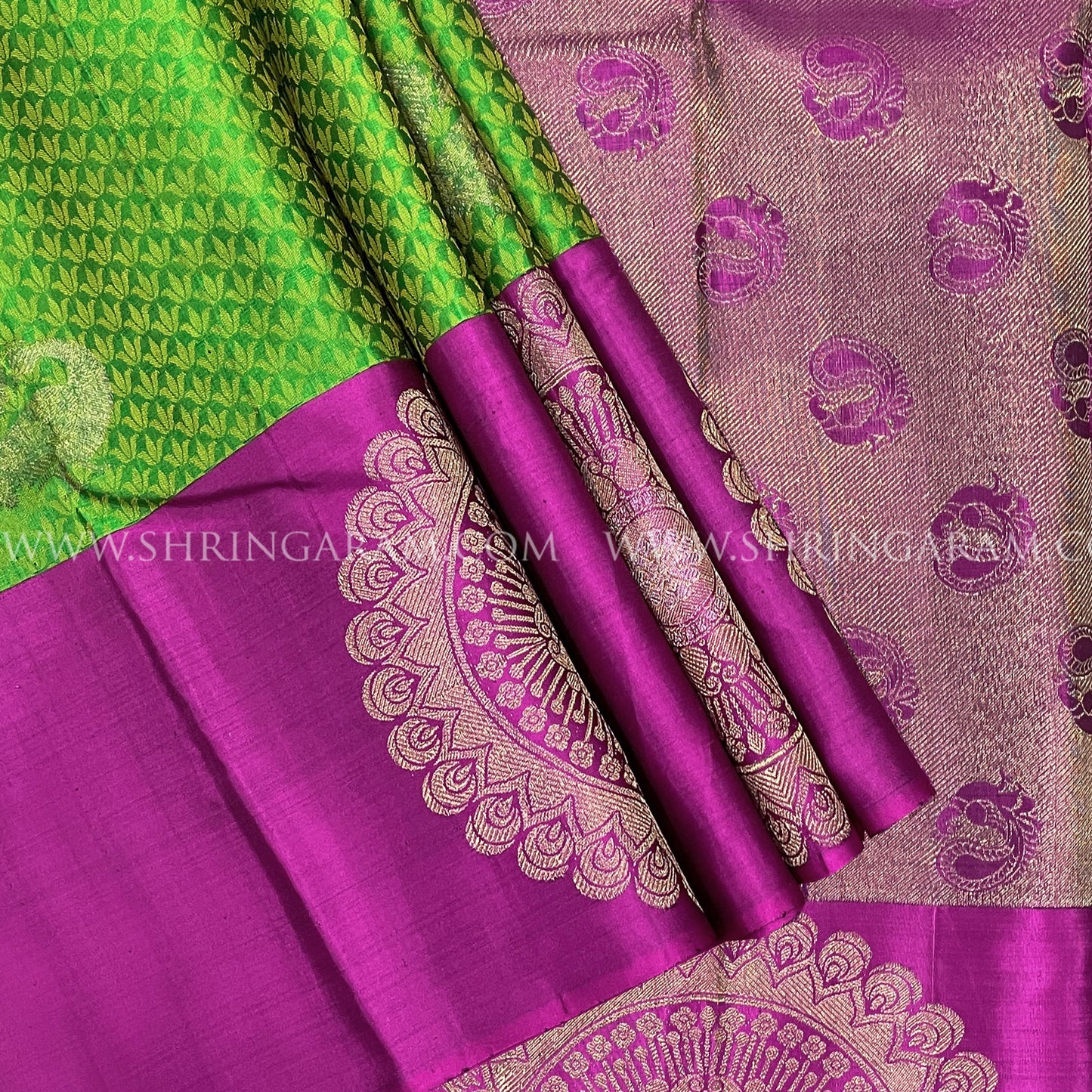 Leaf Green Kanjivaram Silk Saree With Rani Pink Border