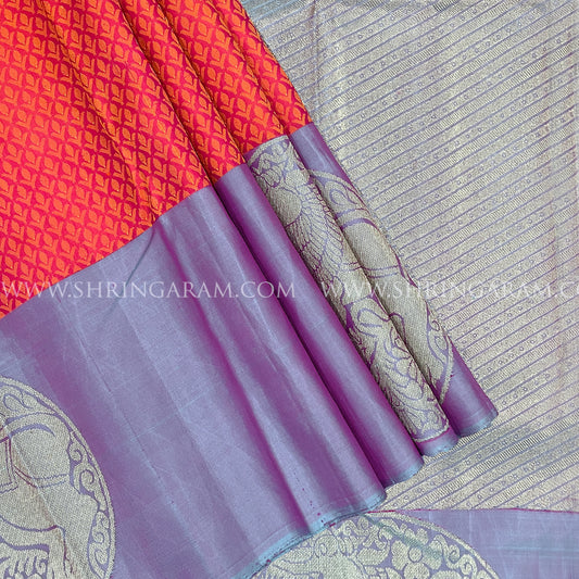 Pink-Red Kanjivaram Silk Saree With Lavender-Purple Border