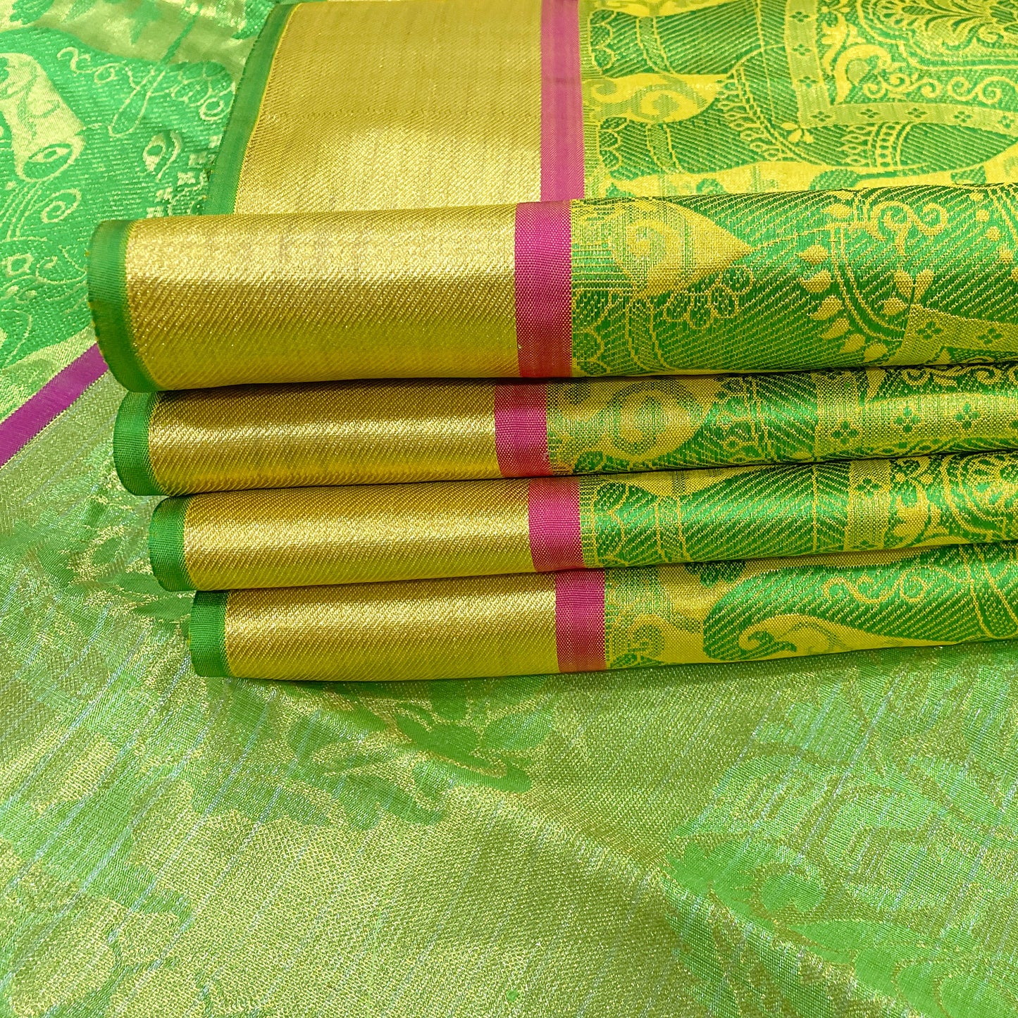 Golden Yellow Kanjivaram Silk Saree With Green Elephant Motifs