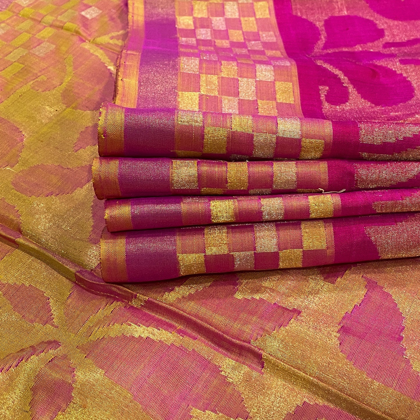 Hot Pink & Orange Kanjivaram Silk Saree