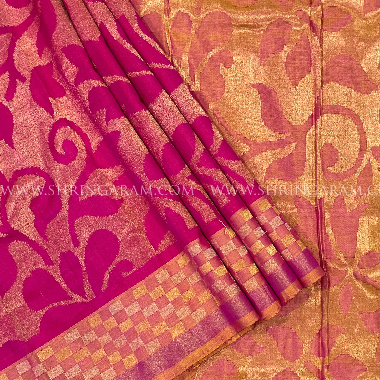 Hot Pink & Orange Kanjivaram Silk Saree