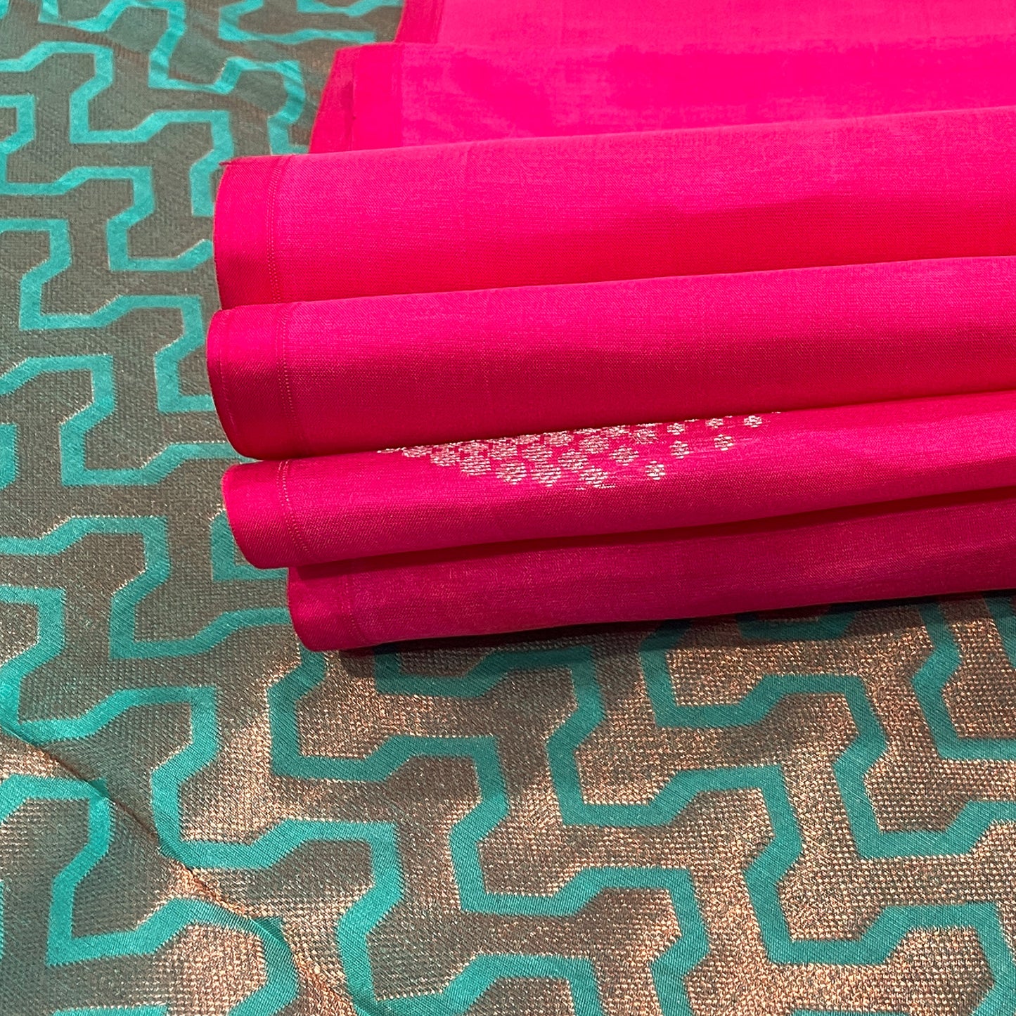 Hot Pink Kanjivaram Silk Saree With Turquoise Pallu.
