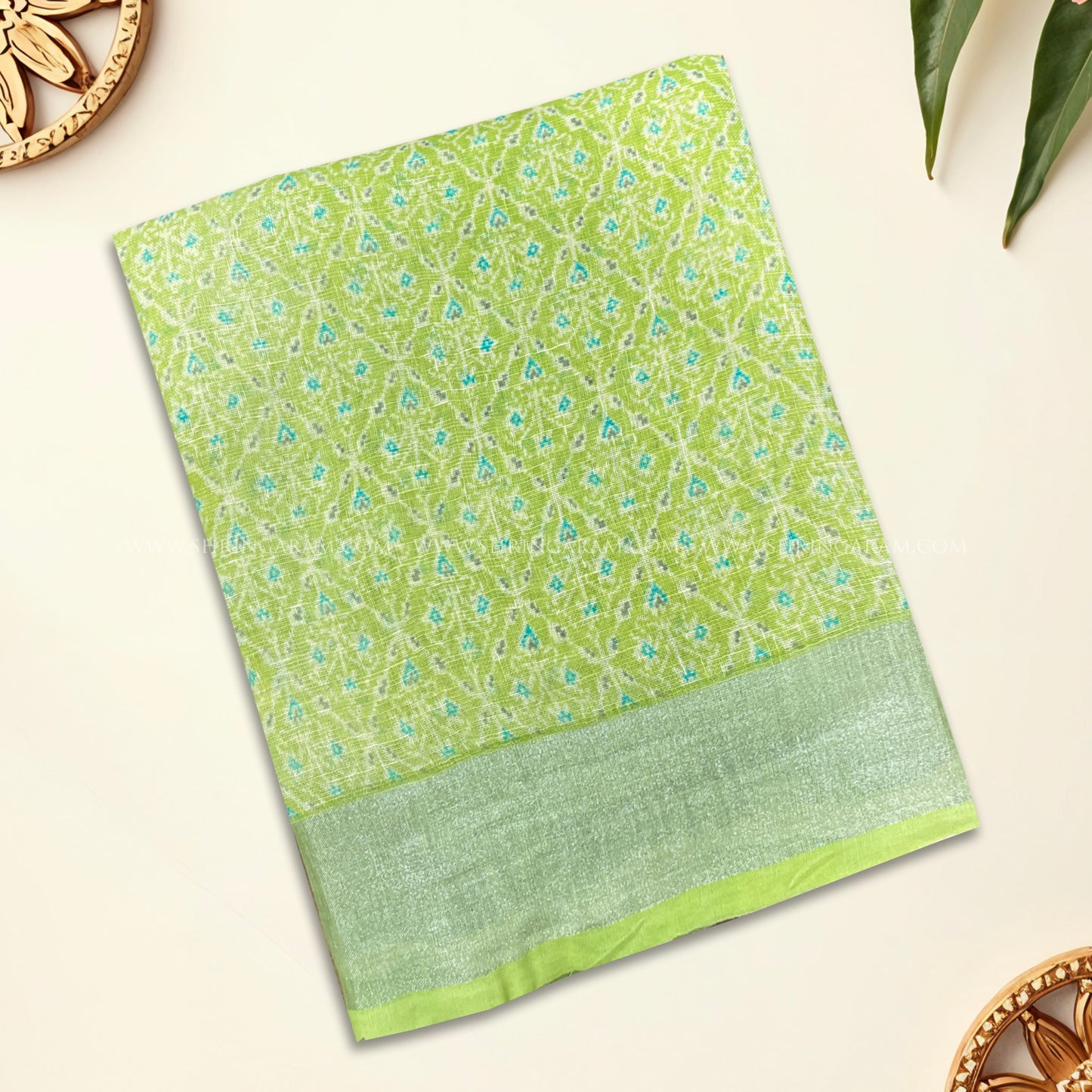 Lime Green With White And Blue Woven Motifs Linen Saree