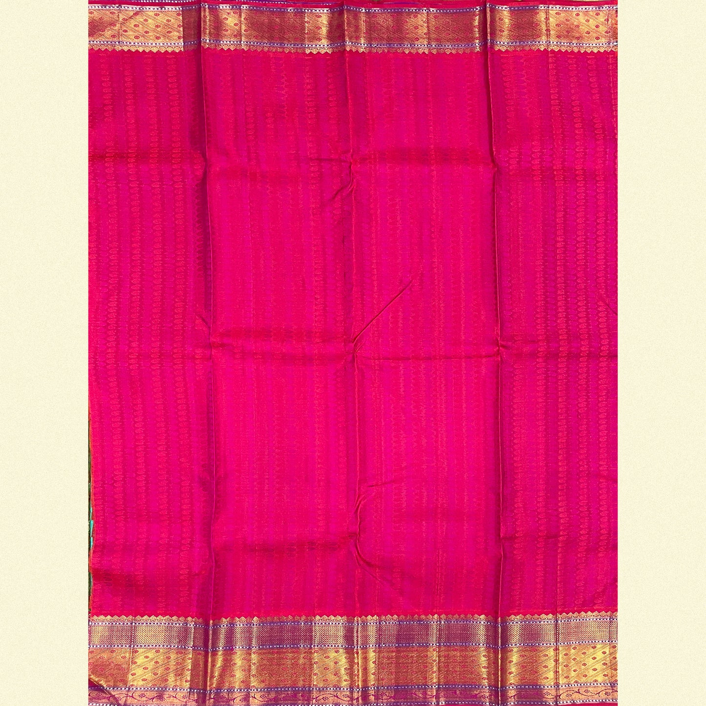 Aqua Green Kanjivaram Silk Saree With Pink-Gold Zari Border