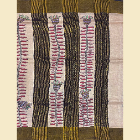 Handprinted Soft Blush Tussar Silk Saree