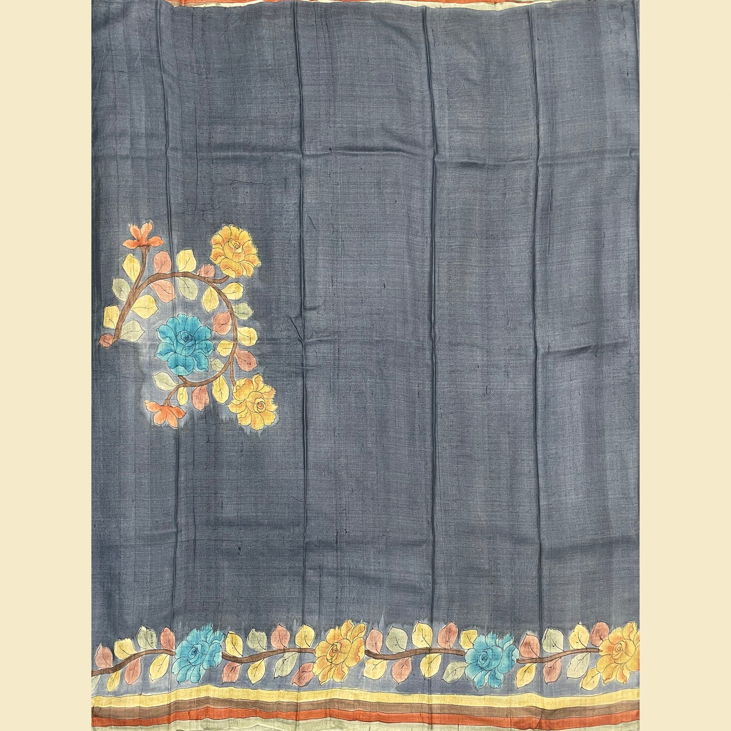 Tussar Silk Saree With Blue Floral Blouse