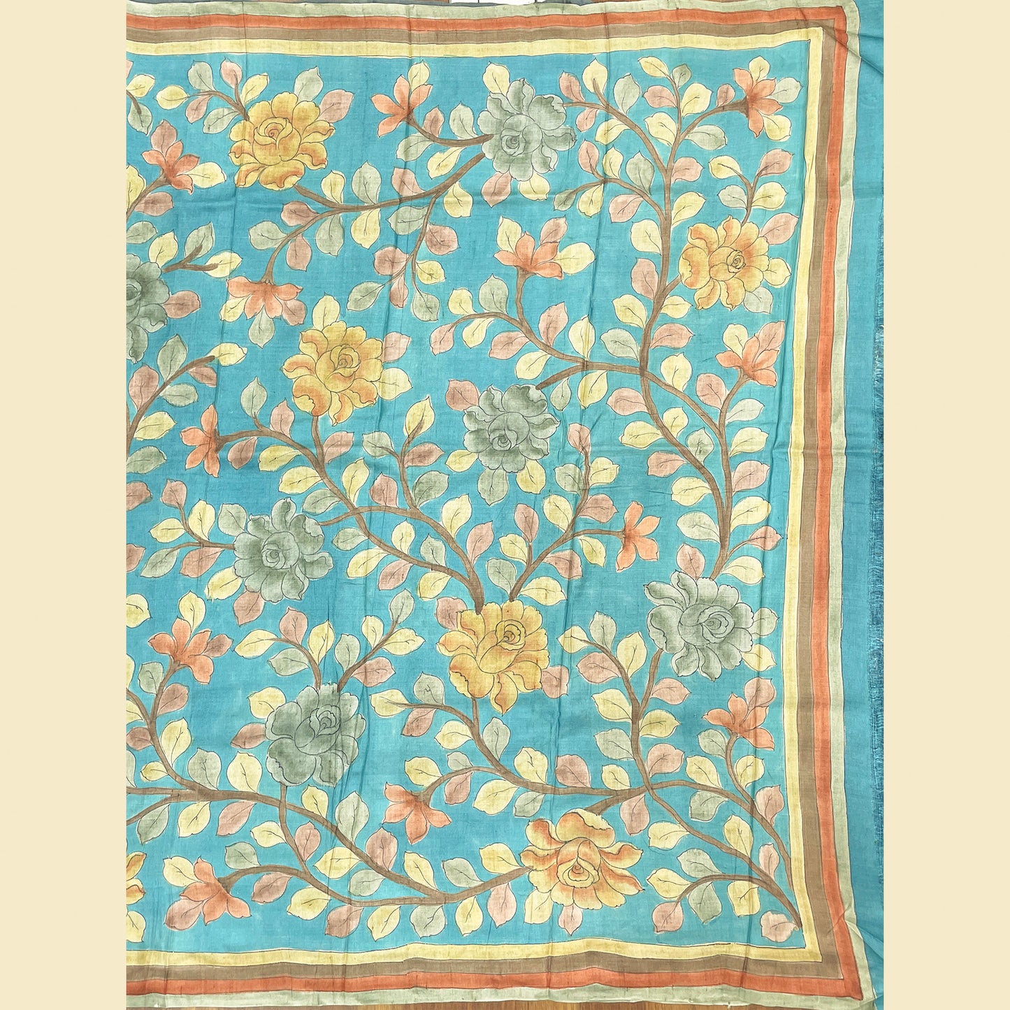 Tussar Silk Saree With Blue Floral Pallu