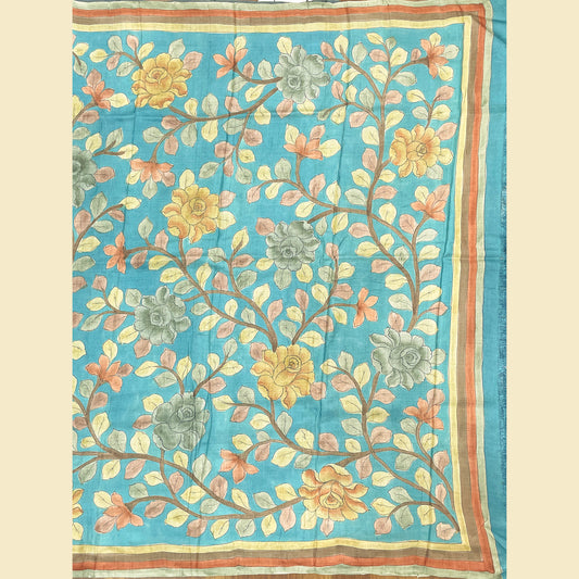Tussar Silk Saree With Blue Floral Pallu