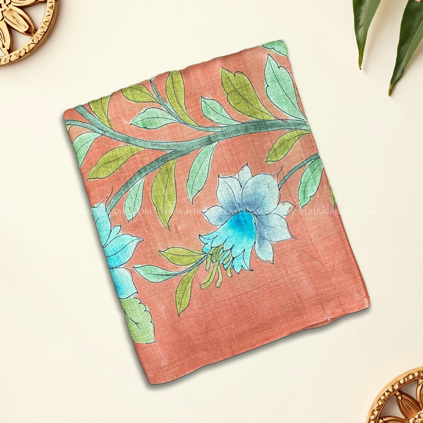 Burnt Saffron Orange Floral Tussar Silk Saree