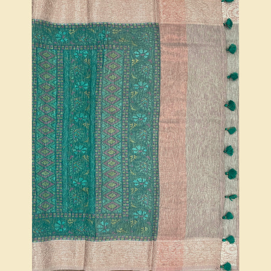 Teal Green With Rose Gold Zari Border Chanderi Silk Saree