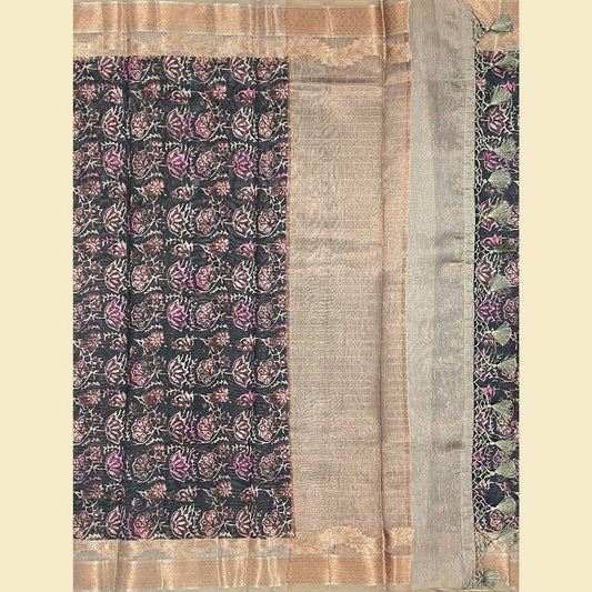 Blue Multi Chanderi Silk Saree With Rose Gold Zari
