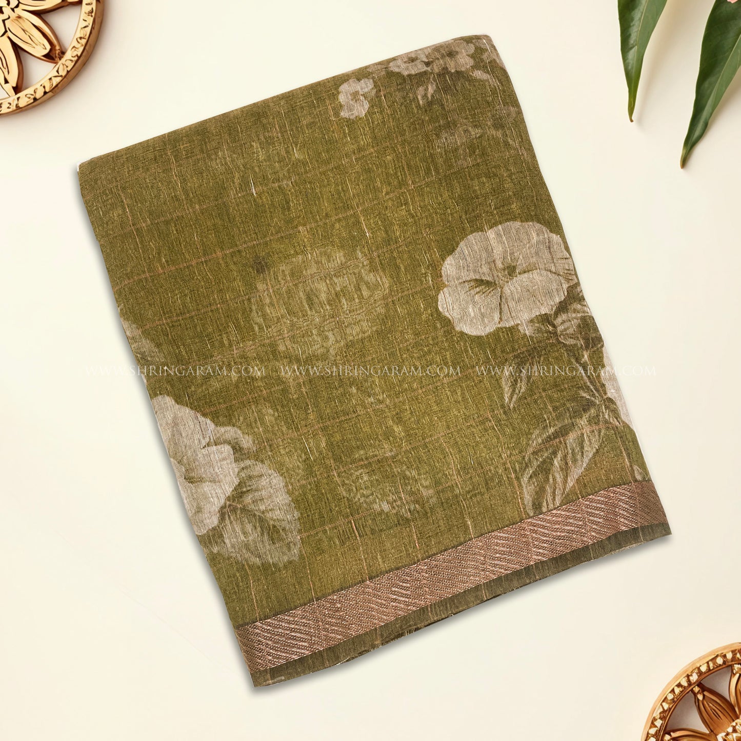 Earthy Olive Green Semi Tussar Silk Saree