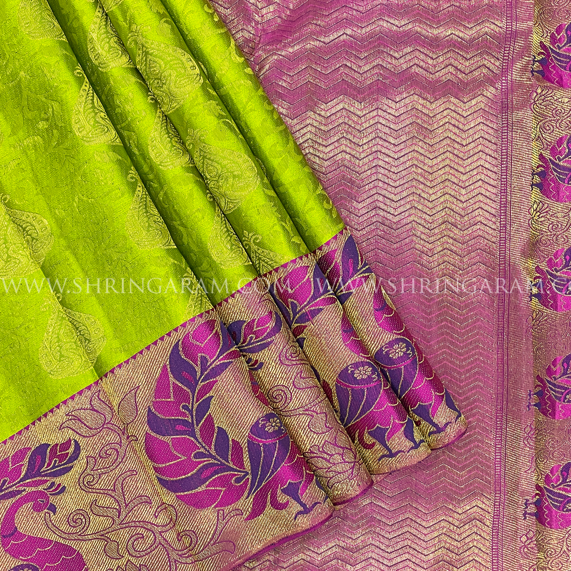 Green With Pink Border Kanjivaram Silk Saree