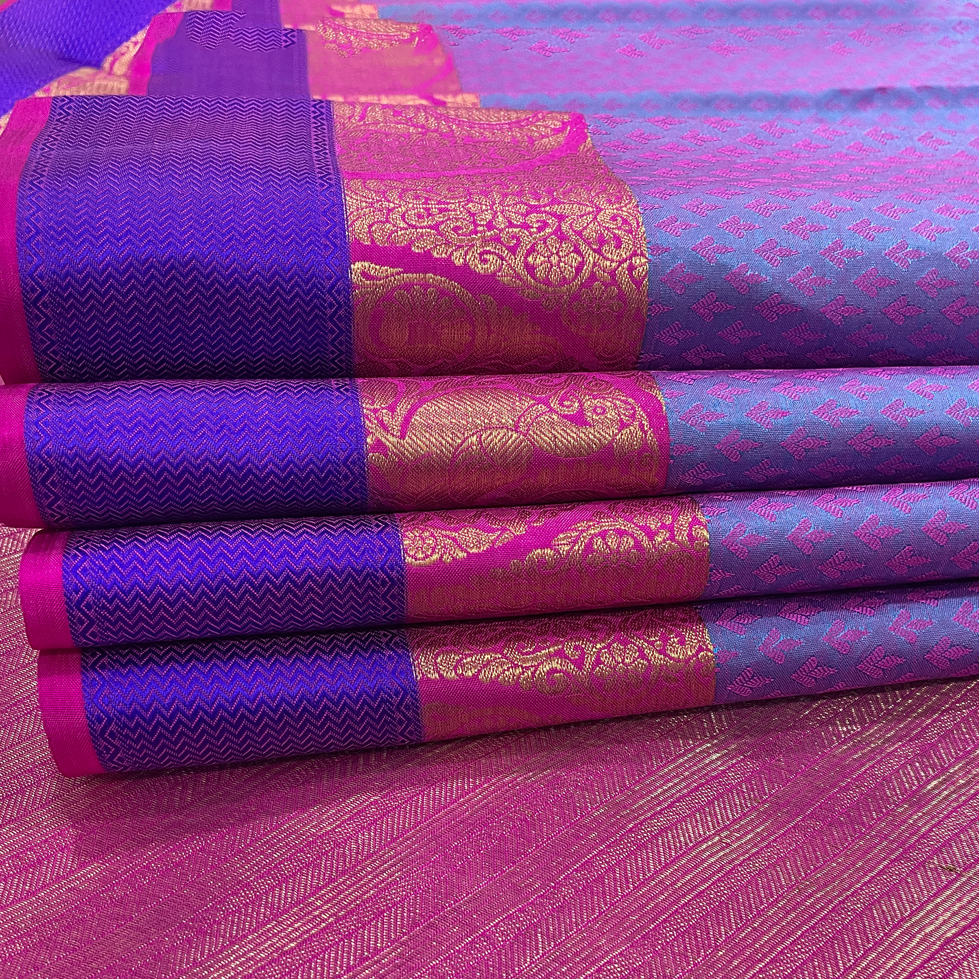 Lavender Kanjivaram Silk Saree With Hot Pink & Blue Border