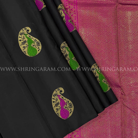 Black Kanjivaram Silk Saree With Magenta Pink Pallu