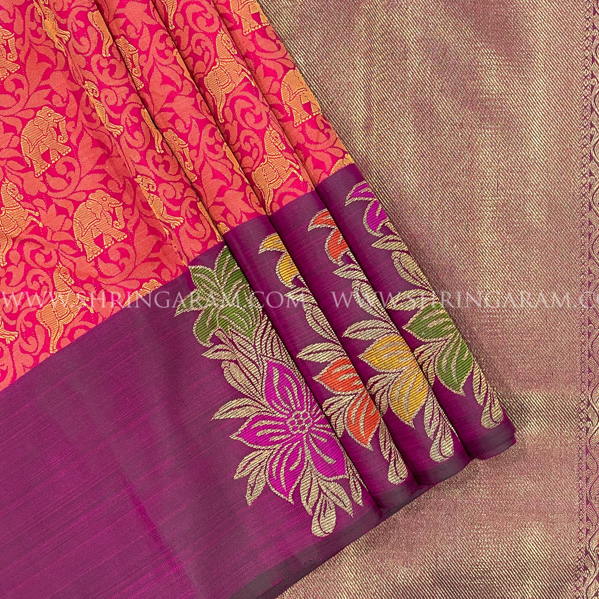 Deep Plum & Coral Orange Silk Saree With Floral And Animal Motifs