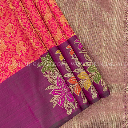 Deep Plum & Coral Orange Silk Saree With Floral And Animal Motifs