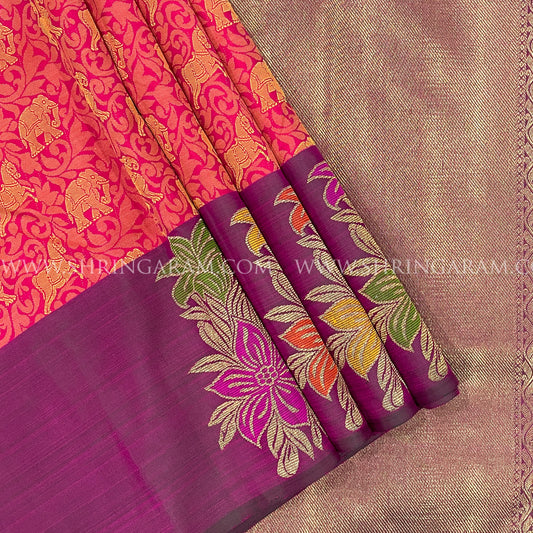 Deep Plum & Coral Orange Silk Saree With Floral And Animal Motifs