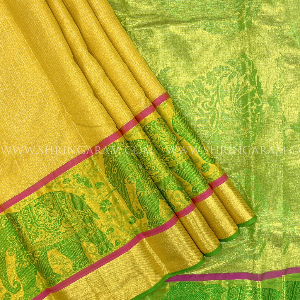 Golden Yellow Kanjivaram Silk Saree With Green Elephant Motifs