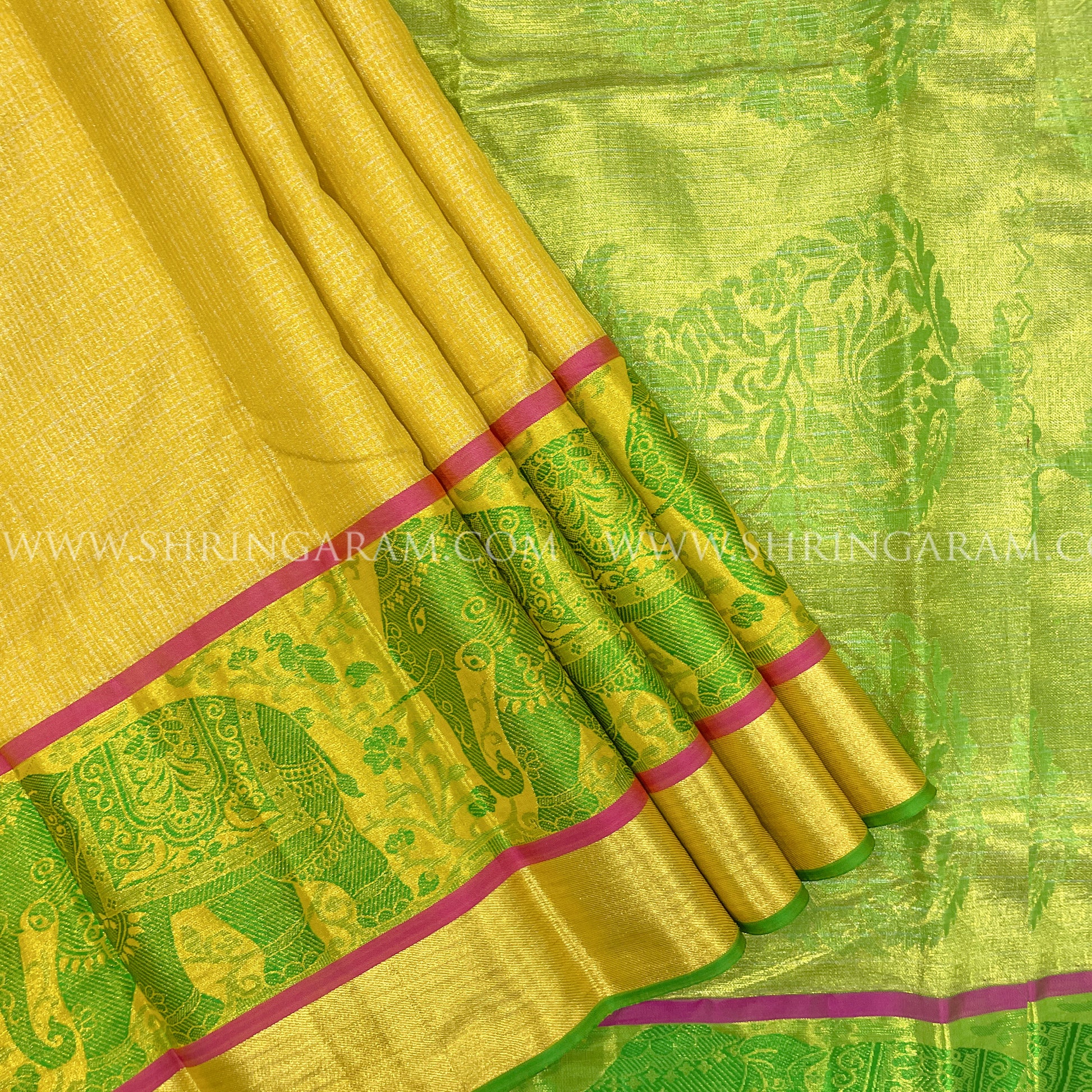 Golden Yellow Kanjivaram Silk Saree With Green Elephant Motifs