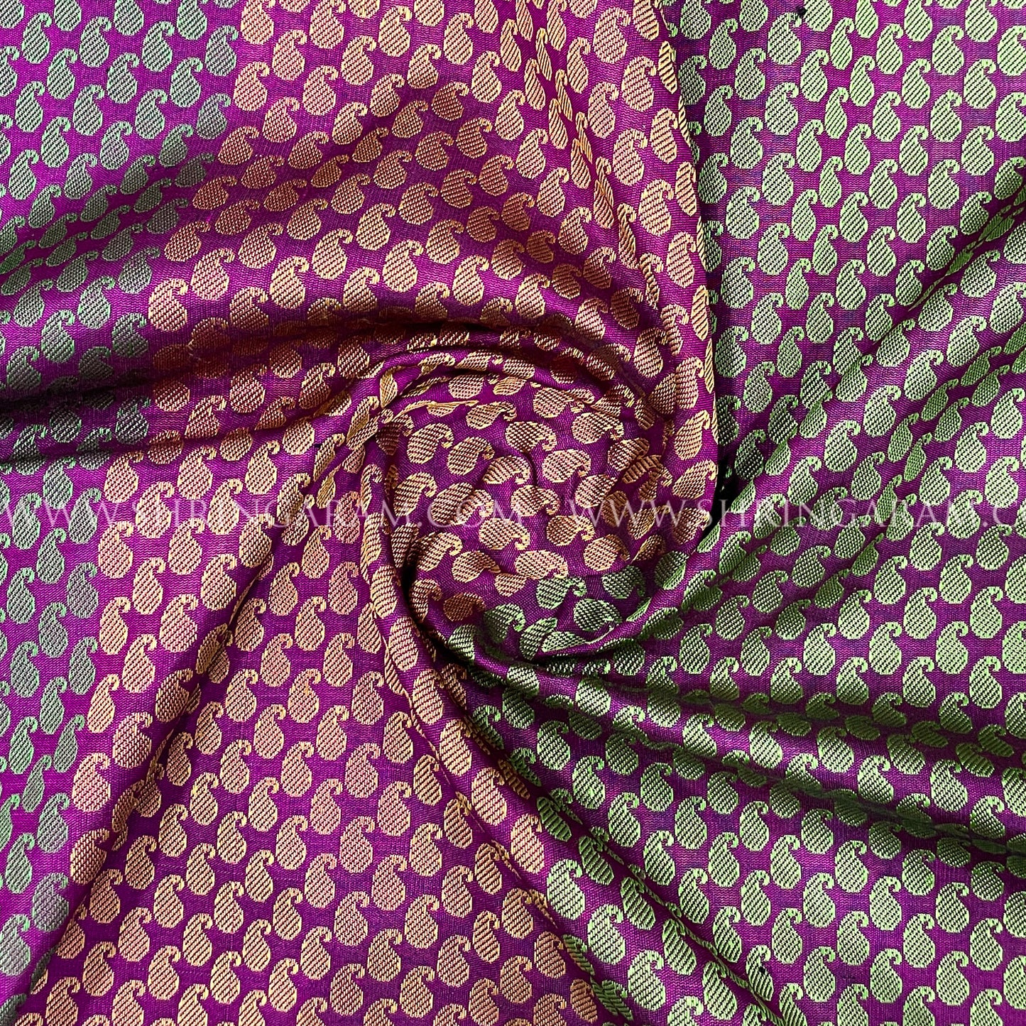 Magenta Kanjivaram Silk Saree With Green And Gold Mango Motifs