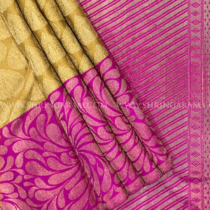 Mustard Brocade Kanjivaram Silk Saree Pink Border