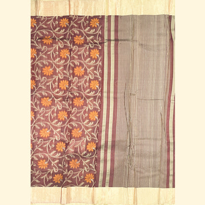 Rust Brown Body With Mustard-Orange Floral Motifs Kanjivaram Silk Saree