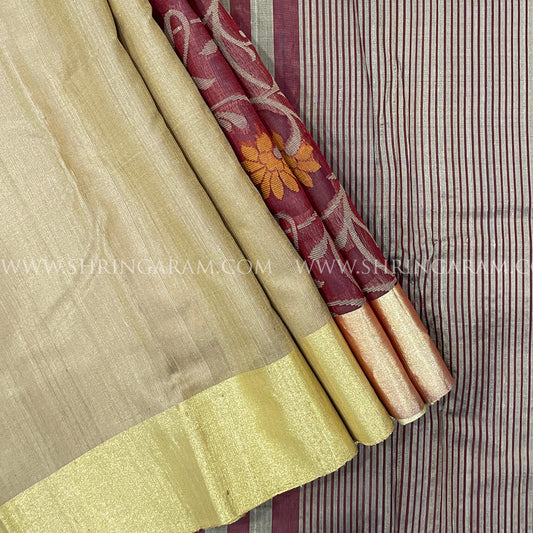Rust Brown Body With Mustard-Orange Floral Motifs Kanjivaram Silk Saree