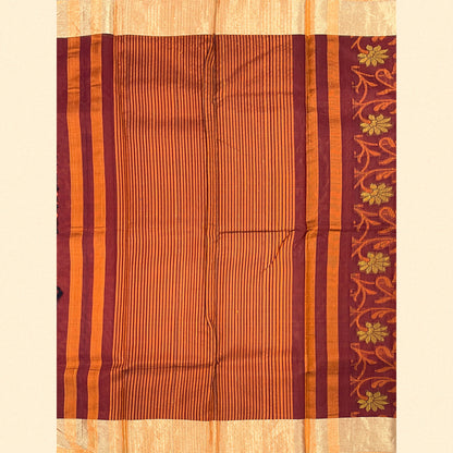 Maroon Body With Mustard-Orange Floral Motifs Kanjivaram Silk Saree