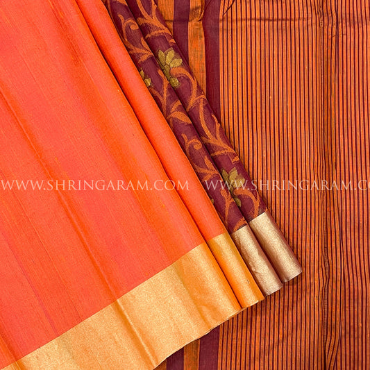 Maroon Body With Mustard-Orange Floral Motifs Kanjivaram Silk Saree