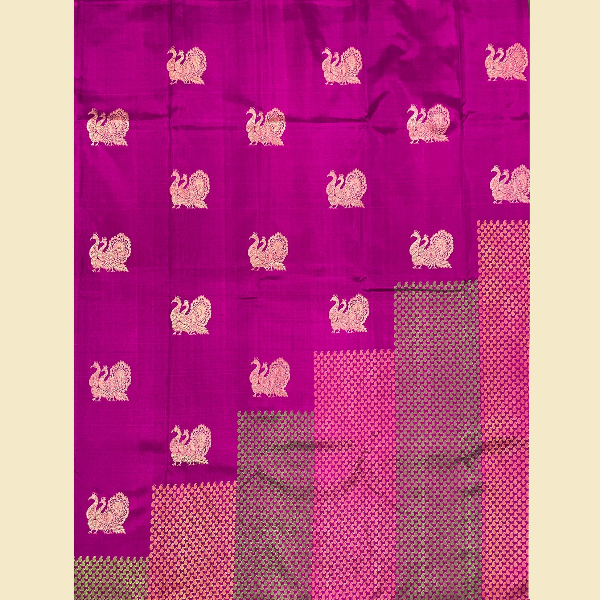Magenta Kanjivaram Silk Saree With Green And Gold Mango Motifs