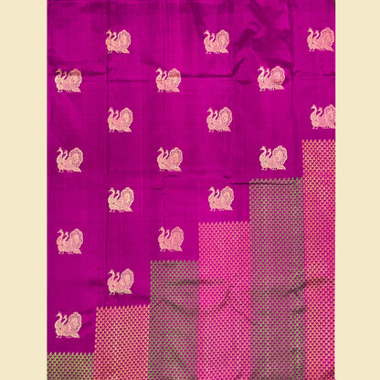 Magenta Kanjivaram Silk Saree With Green And Gold Mango Motifs