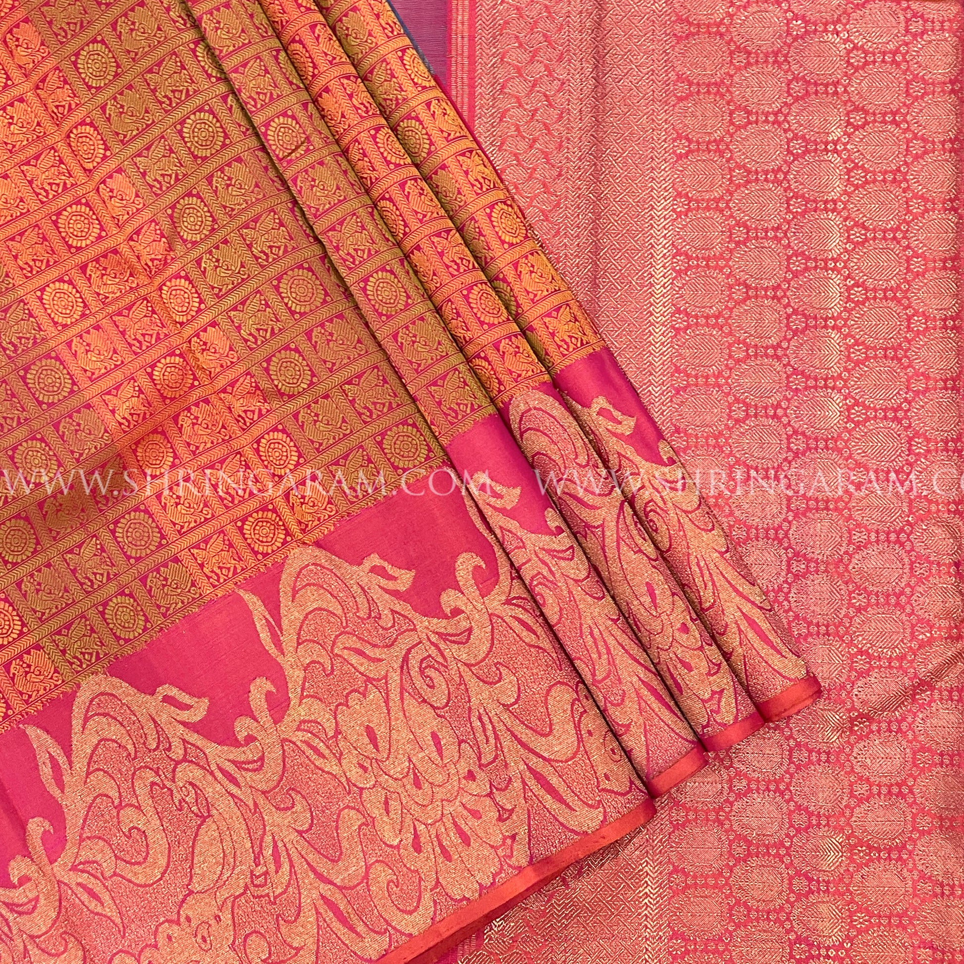 Dual-Tone Blue Kanjivaram Silk Saree With Pinkish-Orange Border