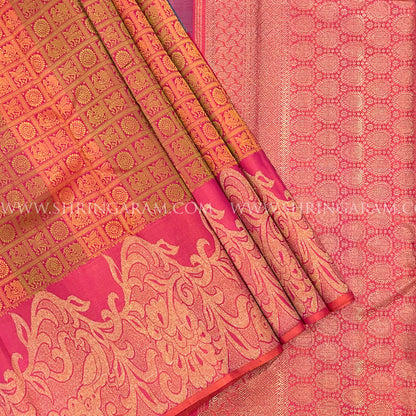 Dual-Tone Blue Kanjivaram Silk Saree With Pinkish-Orange Border
