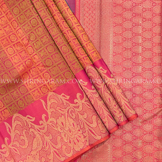 Dual-Tone Blue Kanjivaram Silk Saree With Pinkish-Orange Border