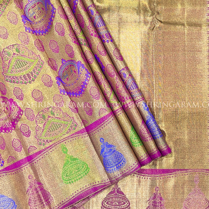Golden Zari Kanjivaram Silk Saree with Magenta & Royal Blue Motifs