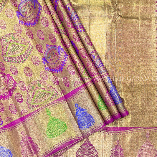 Golden Zari Kanjivaram Silk Saree with Magenta & Royal Blue Motifs