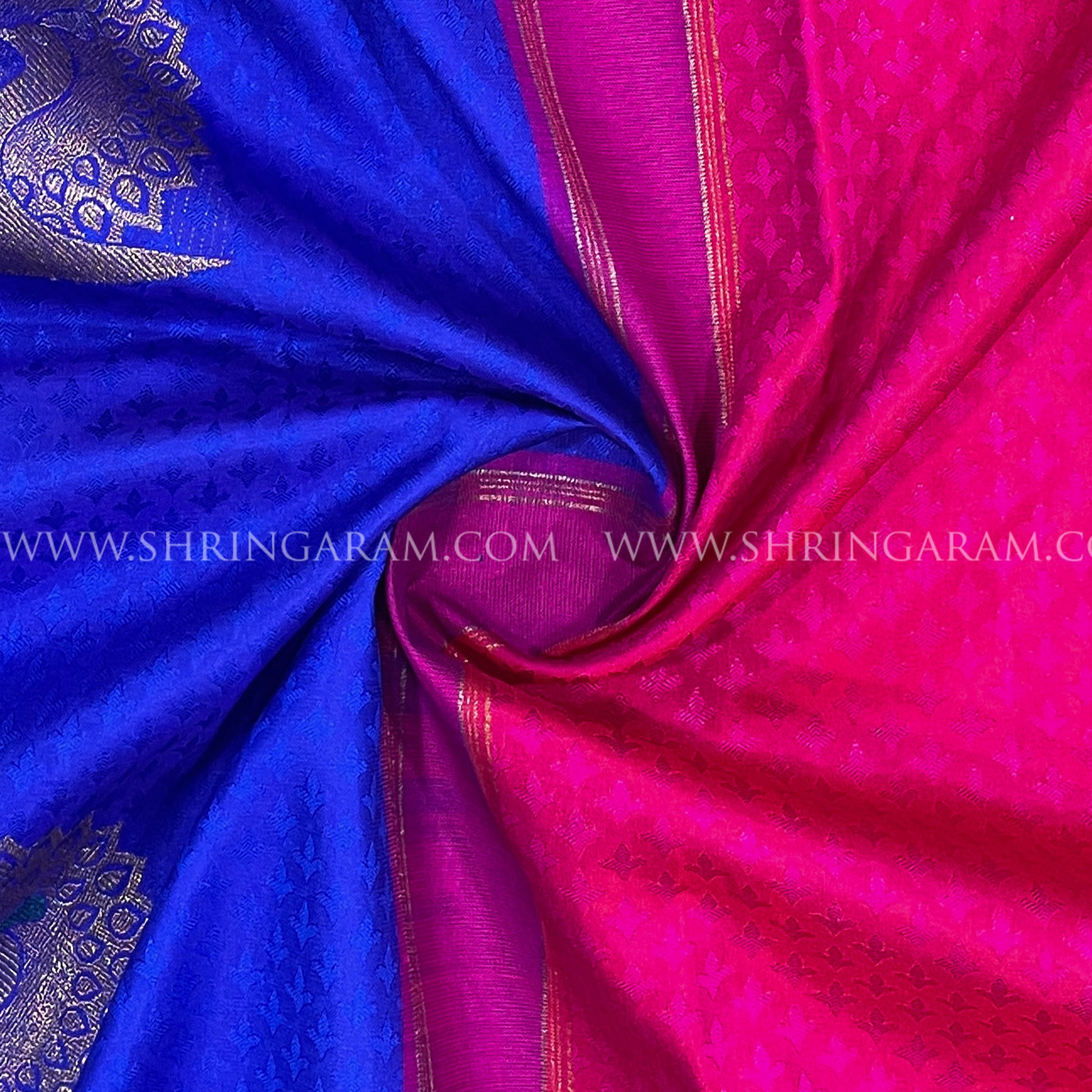 Rani Pink With Royal Blue & Sea Green Kanjivaram Silk Saree