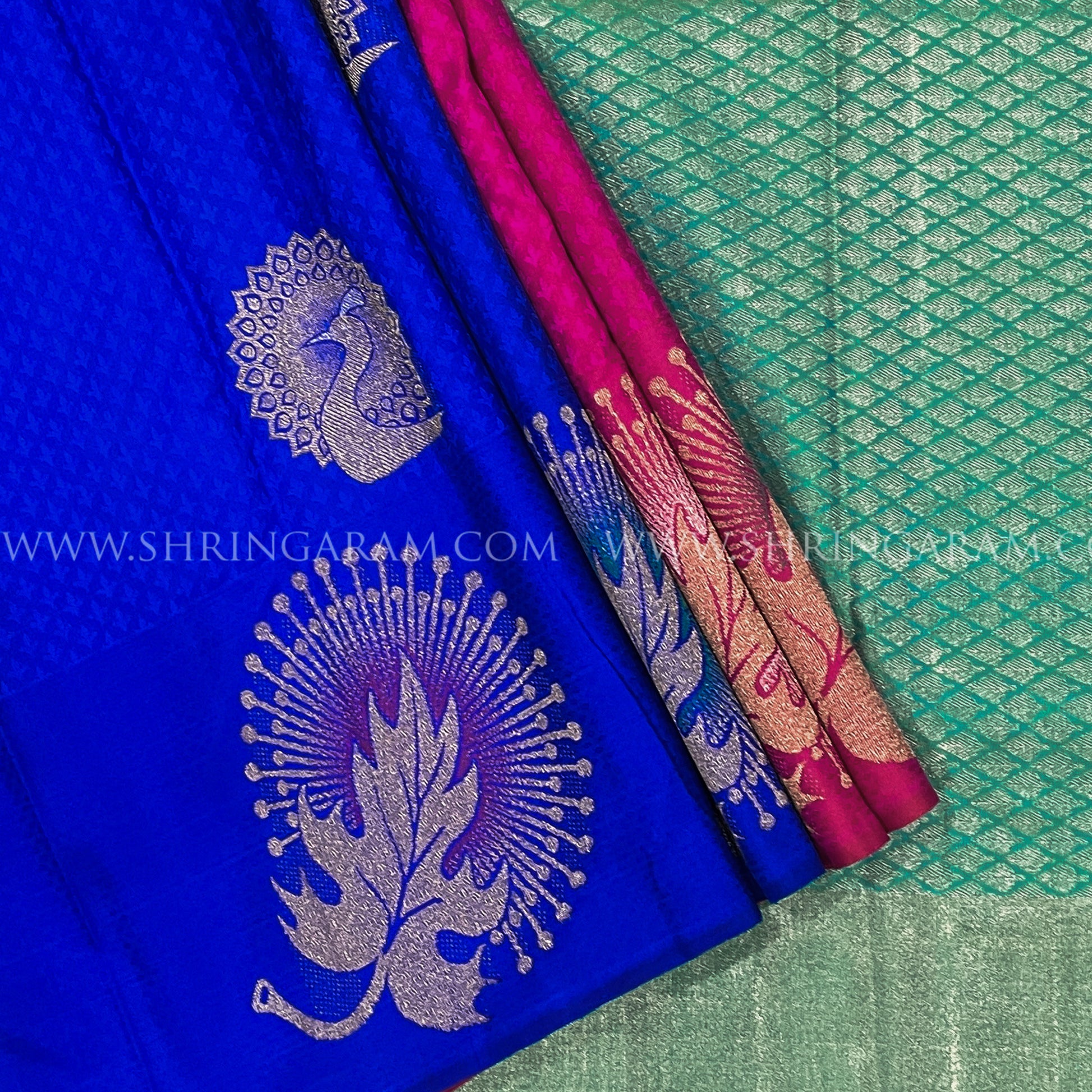 Rani Pink With Royal Blue & Sea Green Kanjivaram Silk Saree