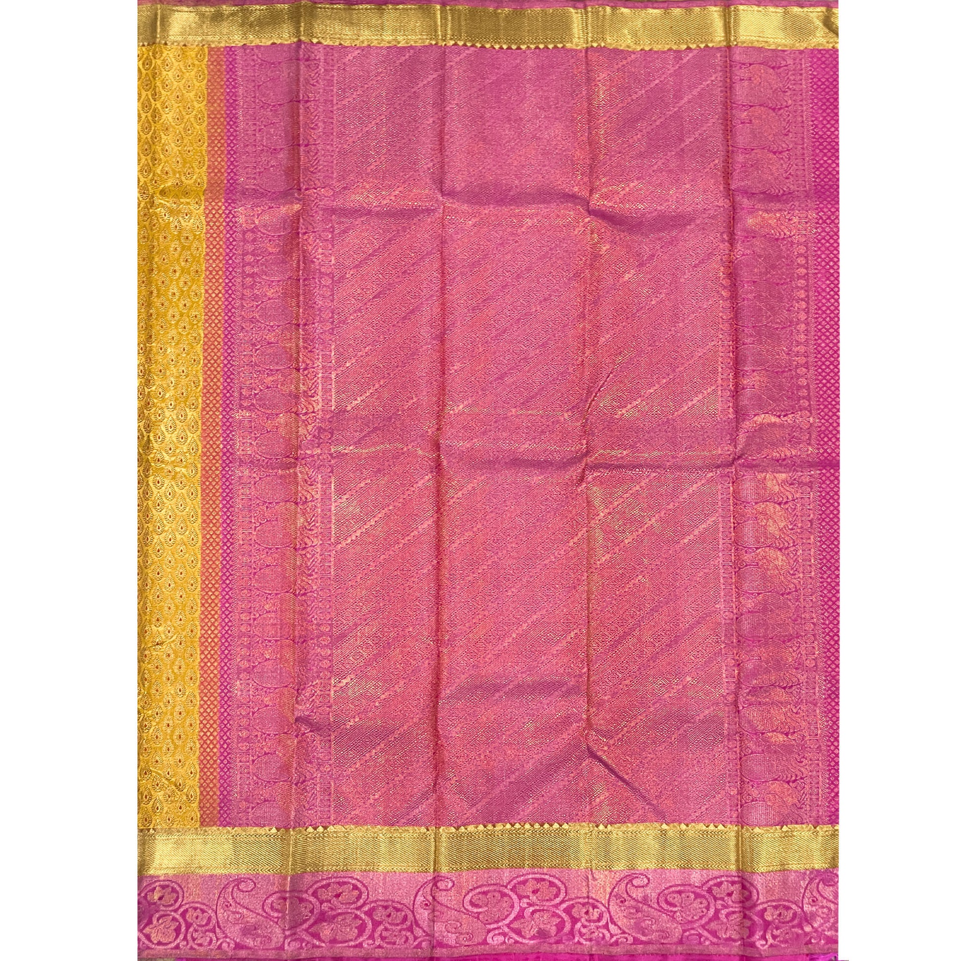 Sunflower Yellow Kanjivaram Silk Saree With Peach Pink Border