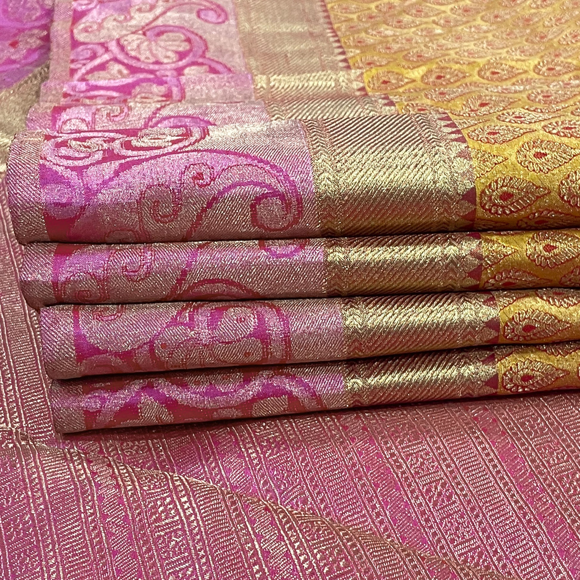 Sunflower Yellow Kanjivaram Silk Saree With Peach Pink Border