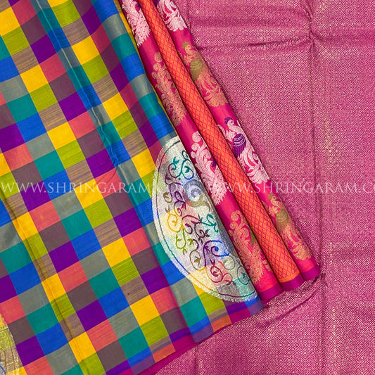 Dual-Tone Orange And Pink Kanjivaram Silk Saree