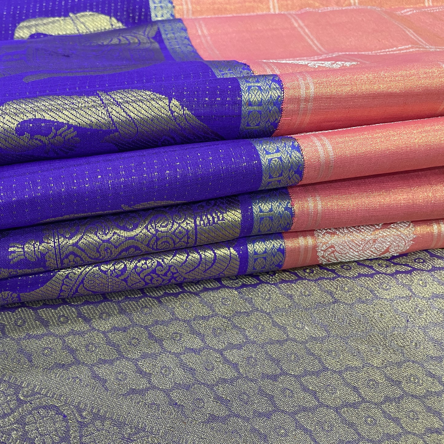 Peach-Orange Kanjivaram Silk Saree With Royal Blue Border